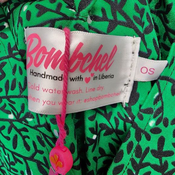 Bombchel V-Neck Asymmetric Hem Halter Dress Green Floral 100% Cotton OS M/L - Picture 13 of 15